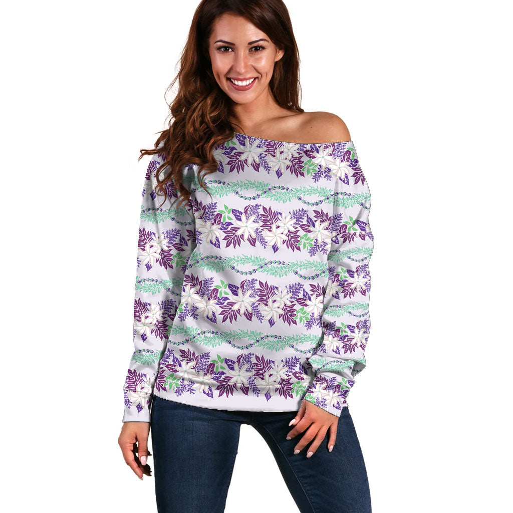 Monstera Tiare Plumeria Lei Pattern Off Shoulder Sweater Purple Version LT01 Women Purple - Polynesian Pride