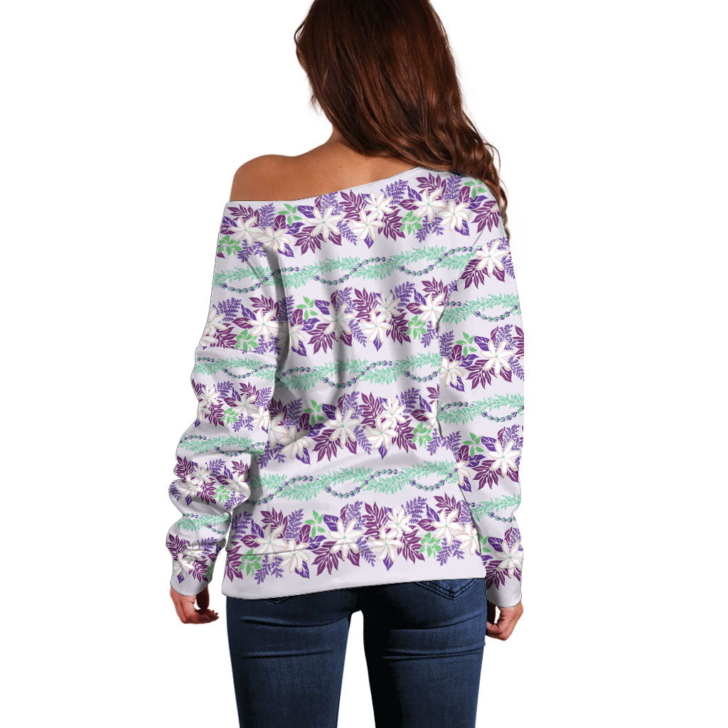 Monstera Tiare Plumeria Lei Pattern Off Shoulder Sweater Purple Version LT01 - Polynesian Pride