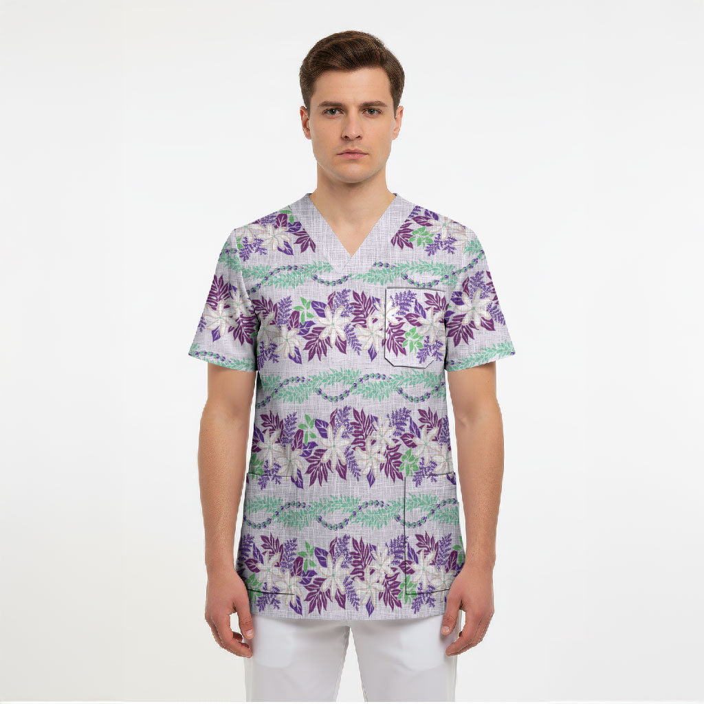 Monstera Tiare Plumeria Lei Pattern Scrub Top Purple Version LT01 - Polynesian Pride
