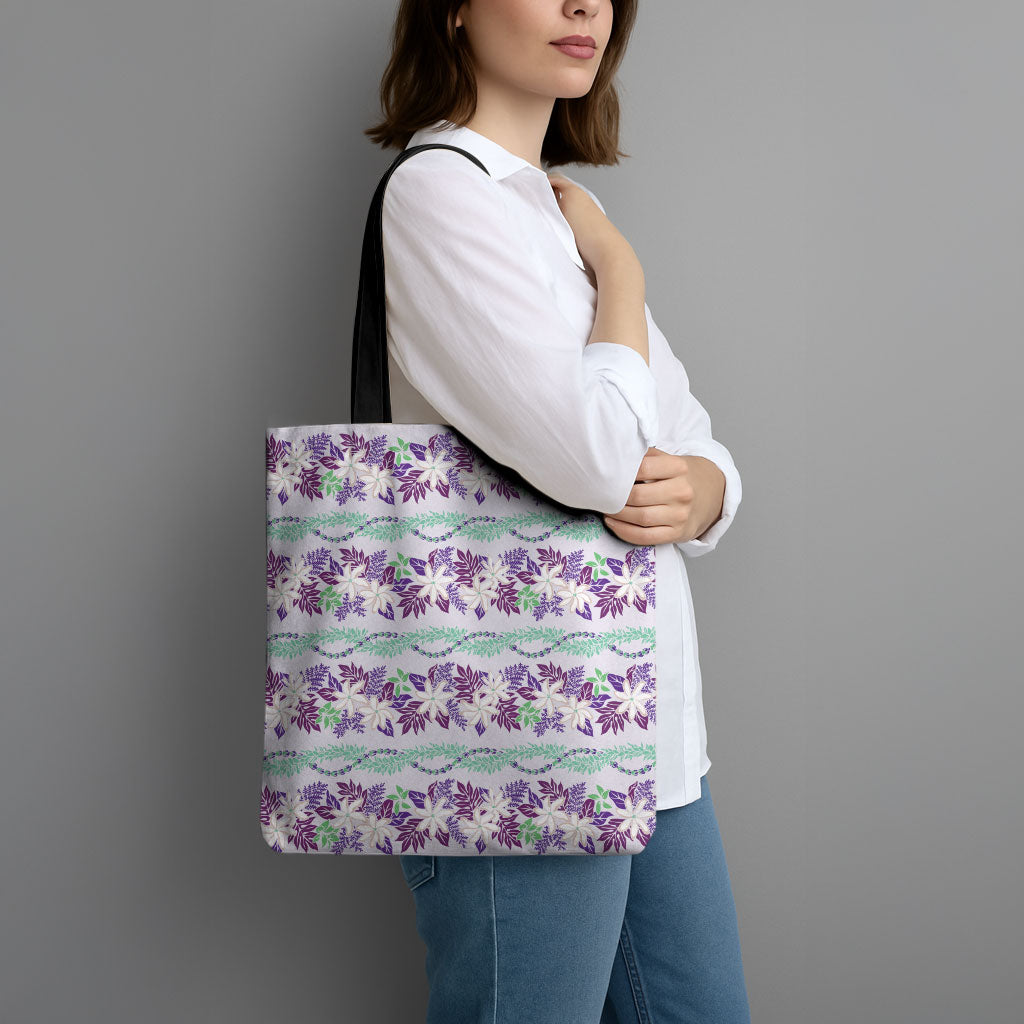 Monstera Tiare Plumeria Lei Pattern Tote Bag Purple Version LT01 - Polynesian Pride