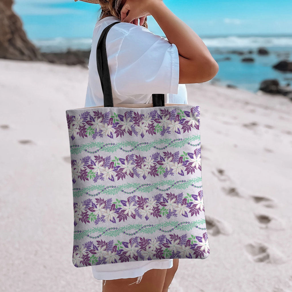 Monstera Tiare Plumeria Lei Pattern Tote Bag Purple Version LT01 - Polynesian Pride