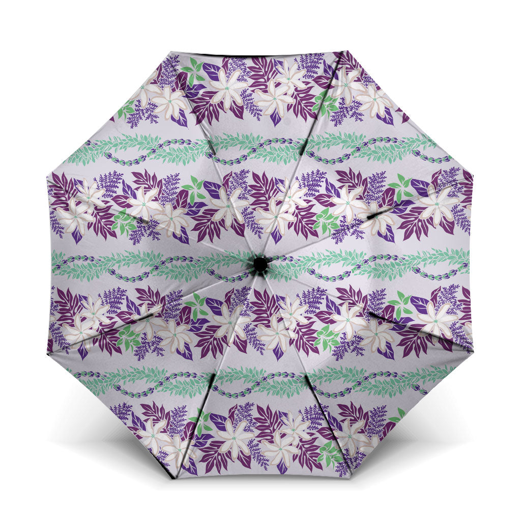 Monstera Tiare Plumeria Lei Pattern Umbrella Purple Version LT01 One Size Folded 11.42 inch Opened Diameter 37.4 inch Purple - Polynesian Pride