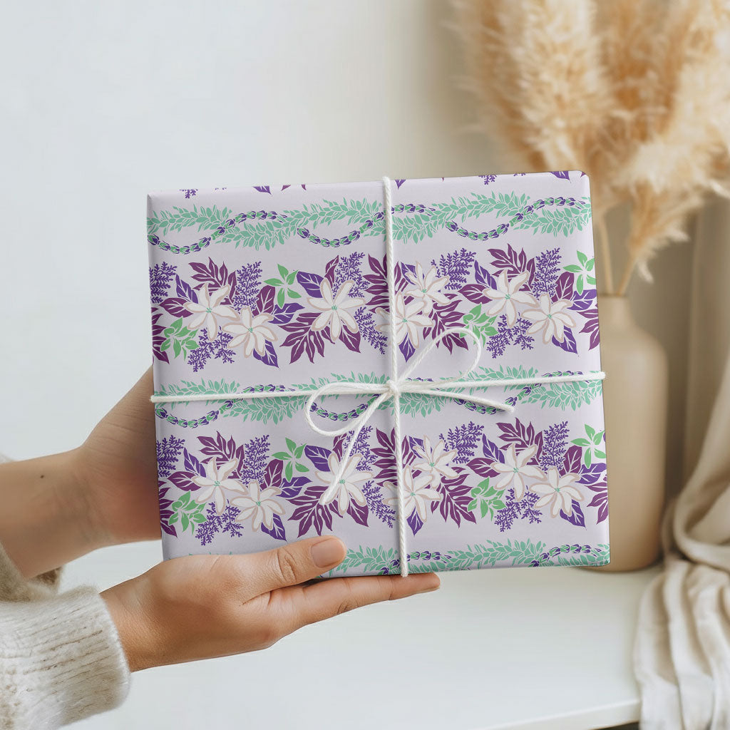 Monstera Tiare Plumeria Lei Pattern Wrapping Paper Purple Version LT01 - Polynesian Pride