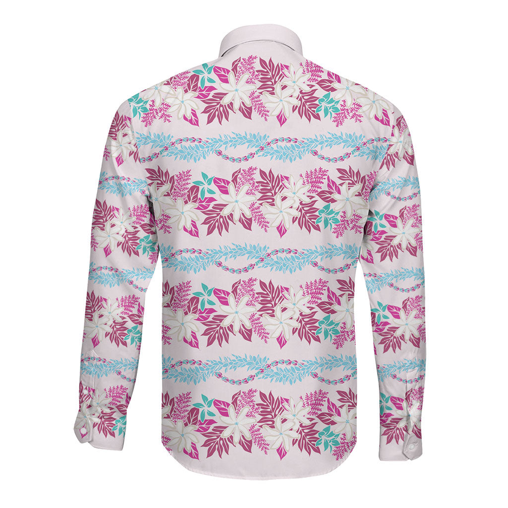 Monstera Tiare Plumeria Lei Pattern Long Sleeve Button Shirt Pink Version LT01 - Polynesian Pride