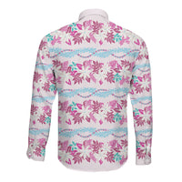 Monstera Tiare Plumeria Lei Pattern Long Sleeve Button Shirt Pink Version LT01 - Polynesian Pride
