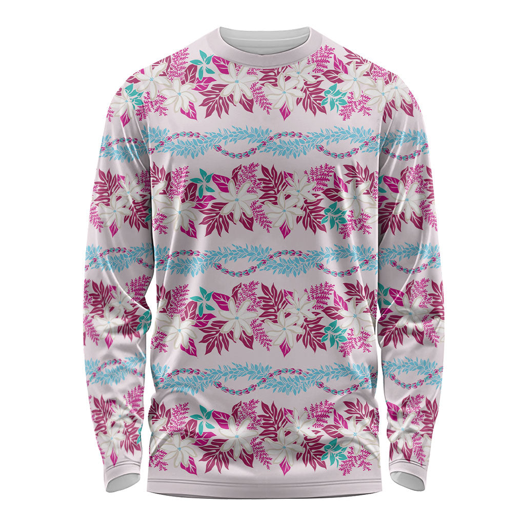 Monstera Tiare Plumeria Lei Pattern Long Sleeve Shirt Pink Version LT01 Unisex Pink - Polynesian Pride