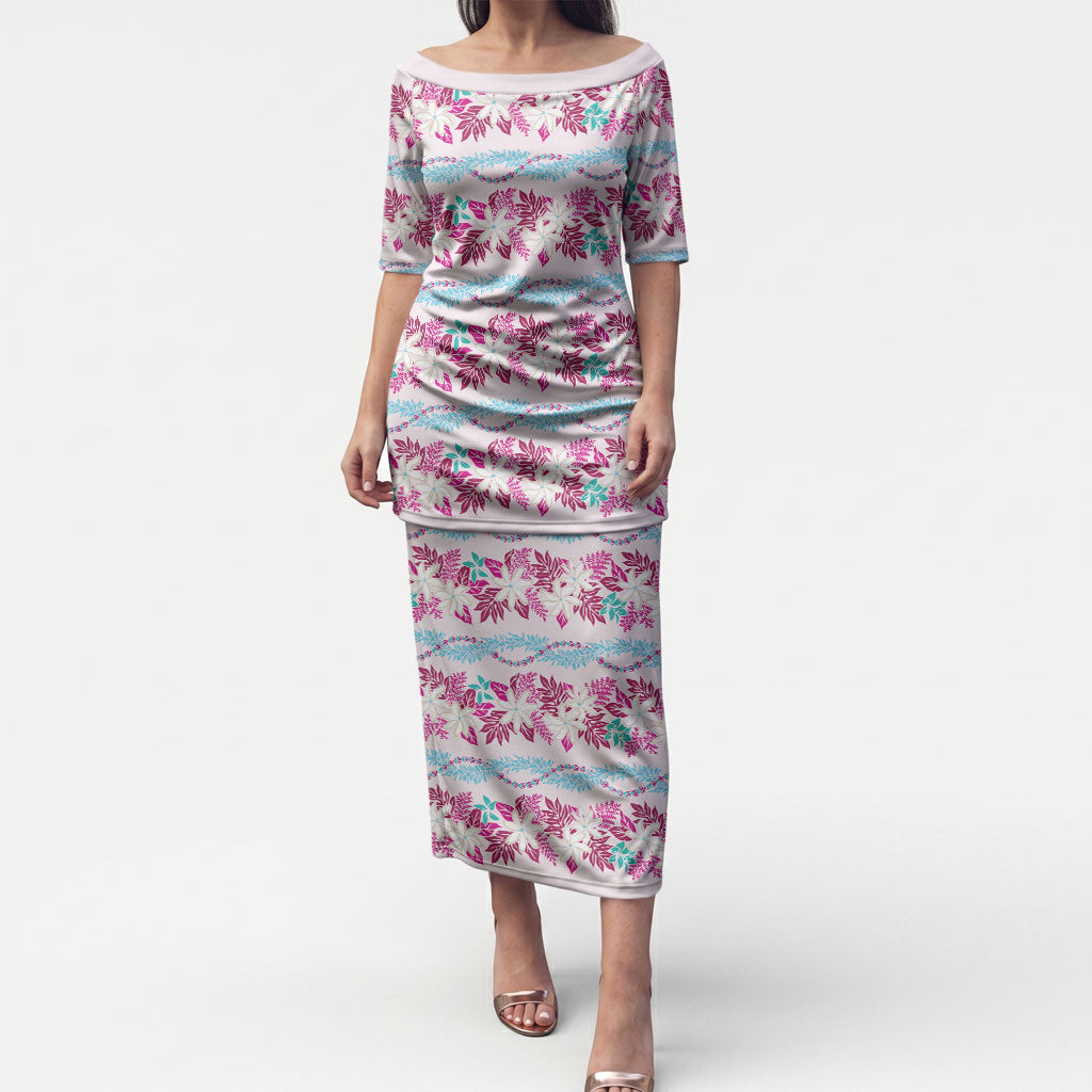 Monstera Tiare Plumeria Lei Pattern Puletasi Pink Version LT01 Long Dress Pink - Polynesian Pride