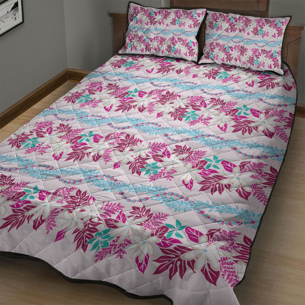 Monstera Tiare Plumeria Lei Pattern Quilt Bed Set Pink Version LT01 - Polynesian Pride