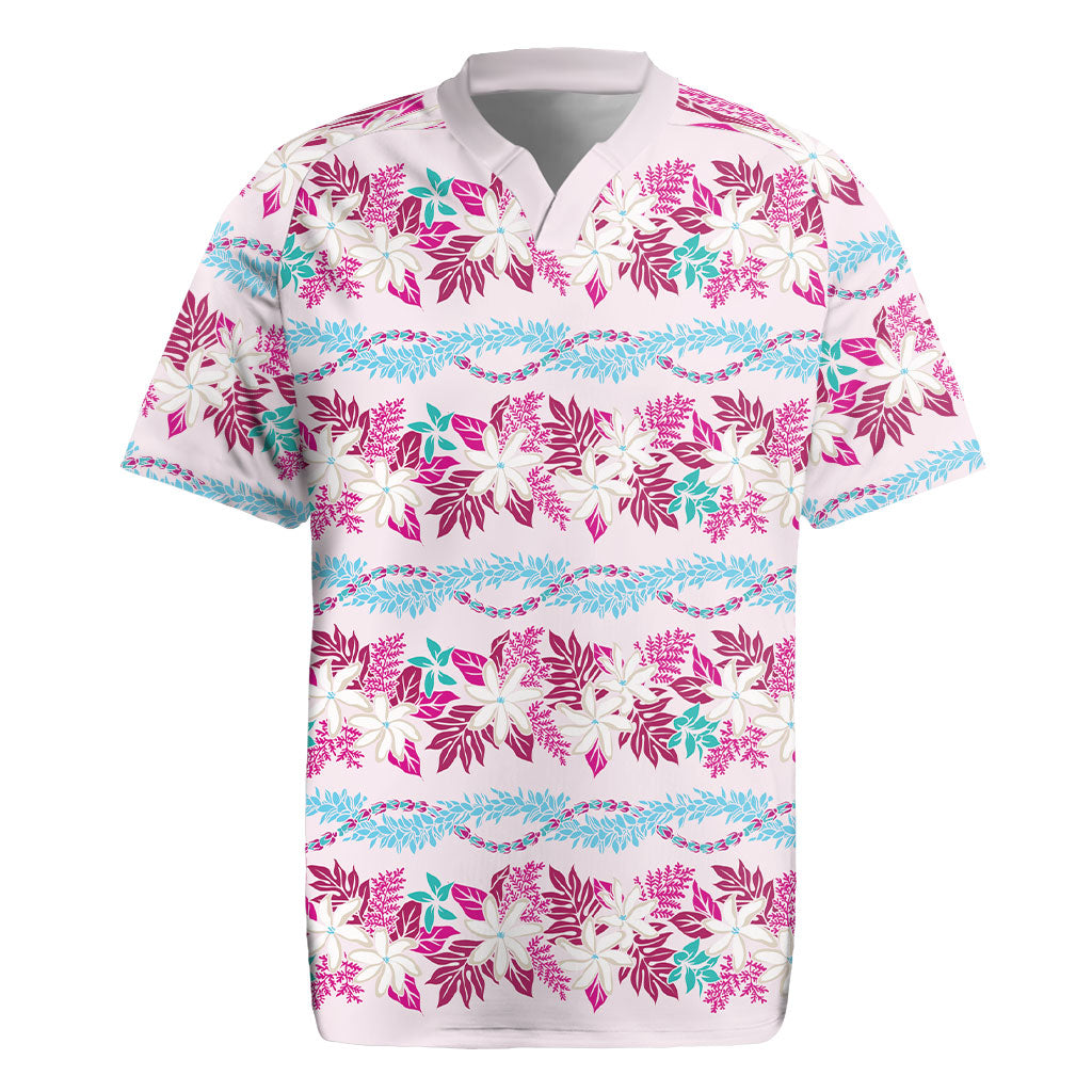 Monstera Tiare Plumeria Lei Pattern Rugby Jersey Pink Version LT01 Pink - Polynesian Pride