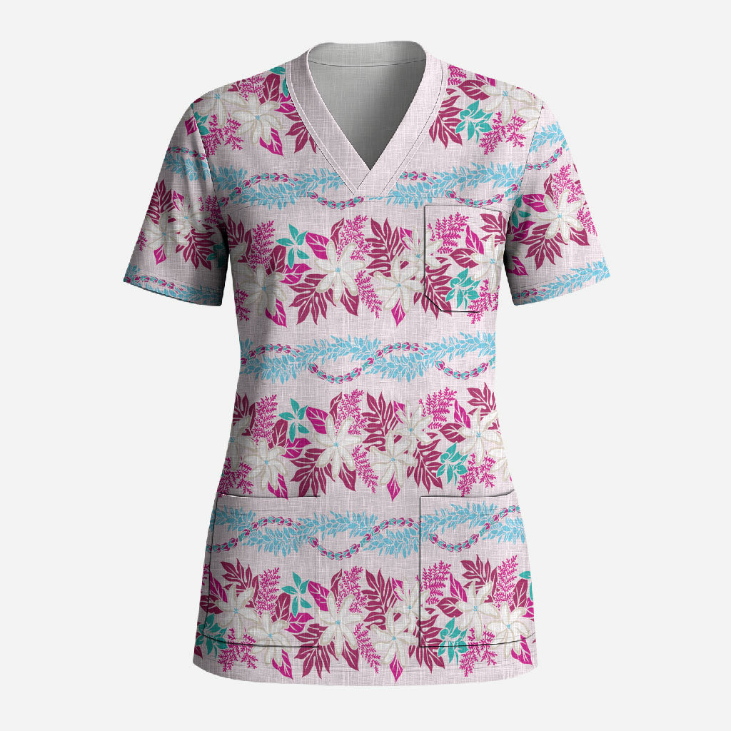Monstera Tiare Plumeria Lei Pattern Scrub Top Pink Version LT01 Adult Pink - Polynesian Pride