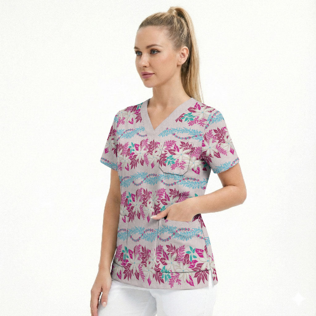 Monstera Tiare Plumeria Lei Pattern Scrub Top Pink Version LT01 - Polynesian Pride