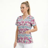 Monstera Tiare Plumeria Lei Pattern Scrub Top Pink Version LT01 - Polynesian Pride