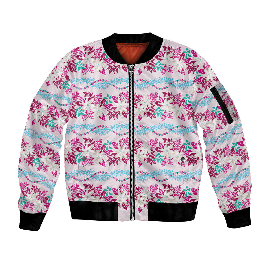 Monstera Tiare Plumeria Lei Pattern Sleeve Zip Bomber Jacket Pink Version LT01 Unisex Pink - Polynesian Pride