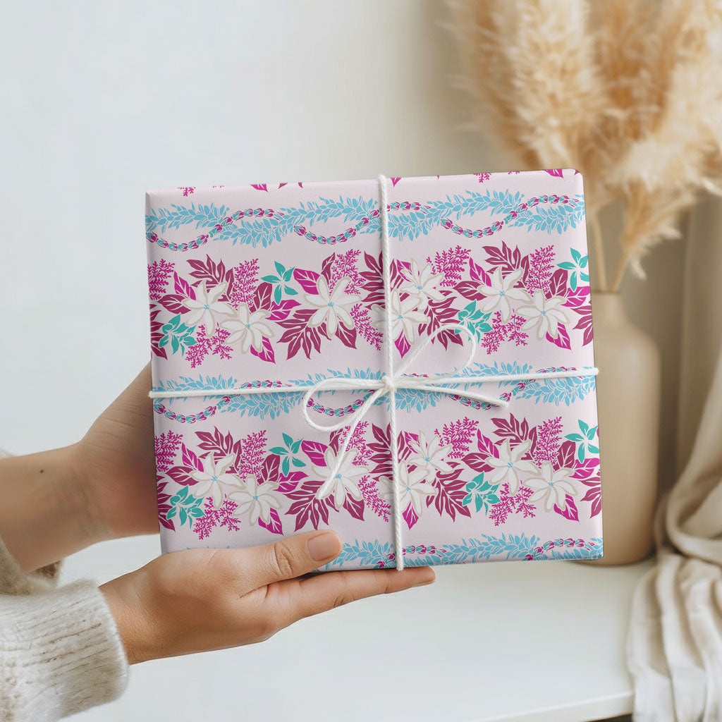 Monstera Tiare Plumeria Lei Pattern Wrapping Paper Pink Version LT01 - Polynesian Pride