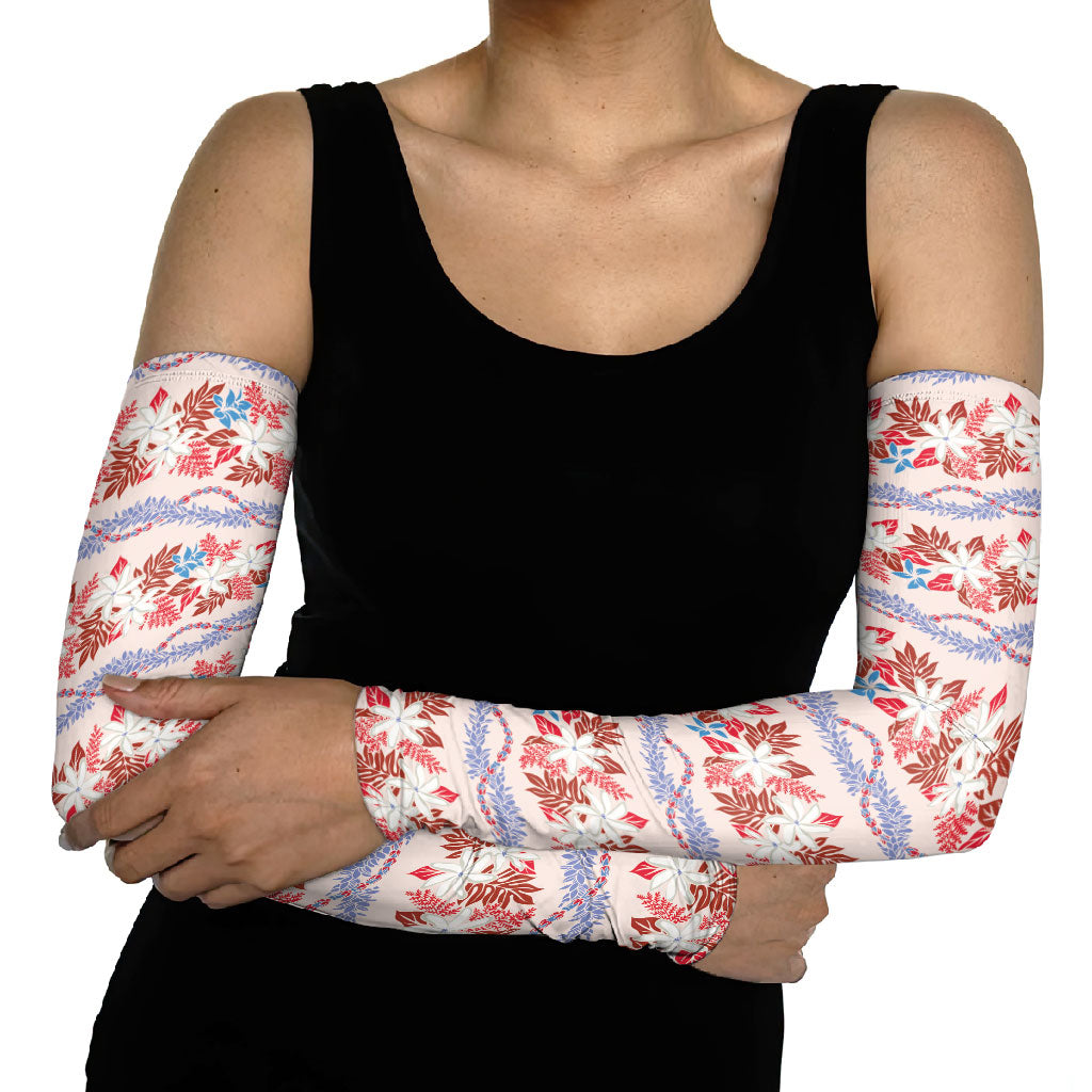 Monstera Tiare Plumeria Lei Pattern Arm Sleeves Red Version LT01 - Polynesian Pride