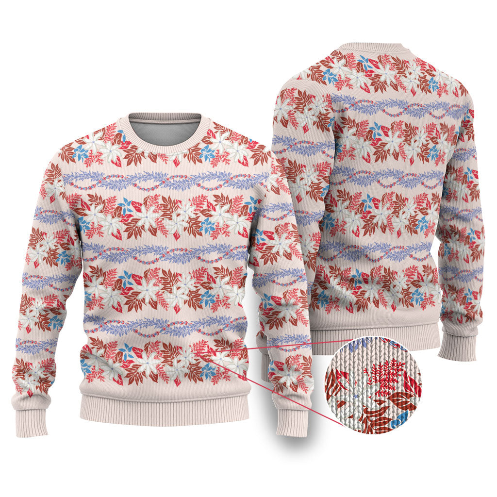 Monstera Tiare Plumeria Lei Pattern Ugly Christmas Sweater Red Version LT01 Red - Polynesian Pride