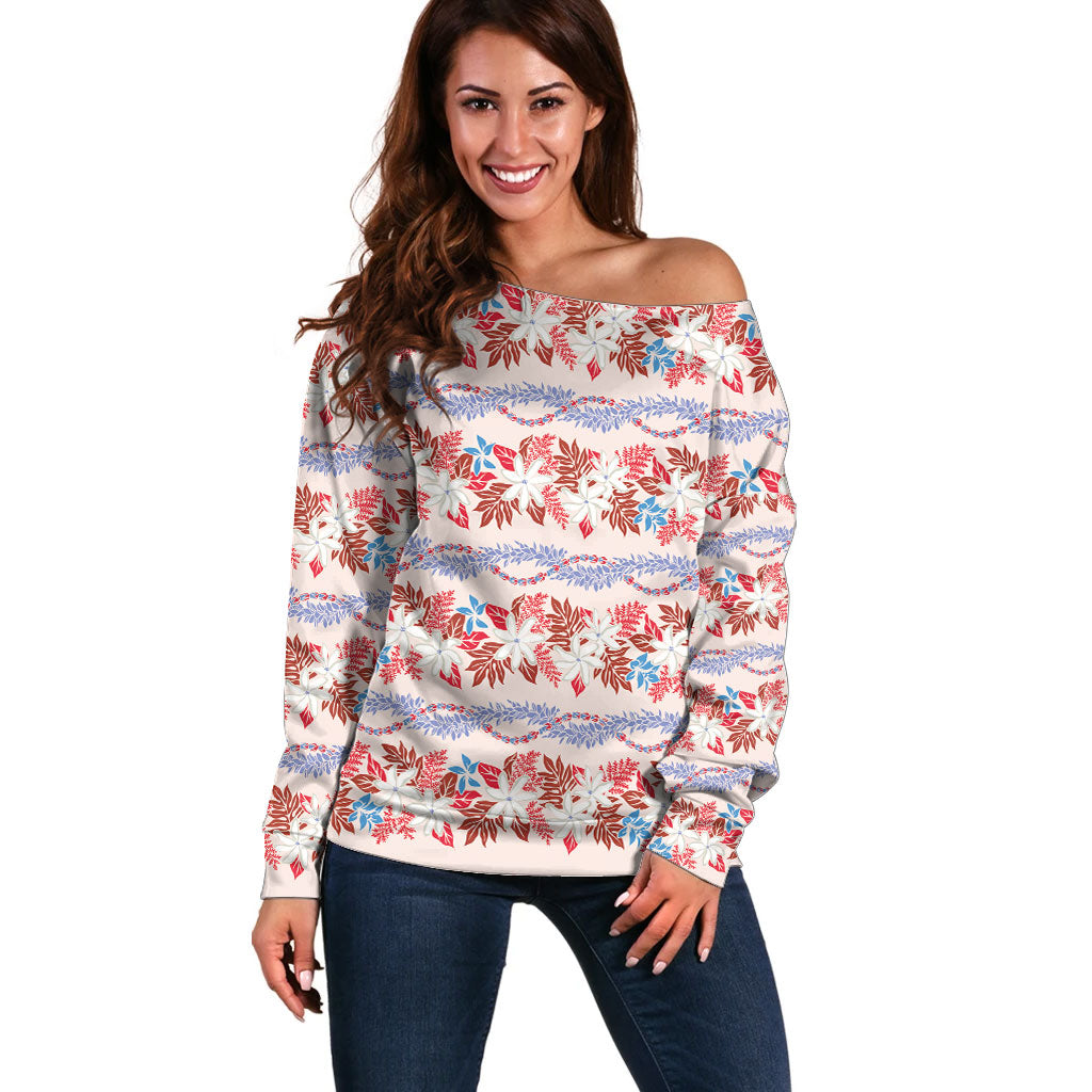 Monstera Tiare Plumeria Lei Pattern Off Shoulder Sweater Red Version LT01 Women Red - Polynesian Pride
