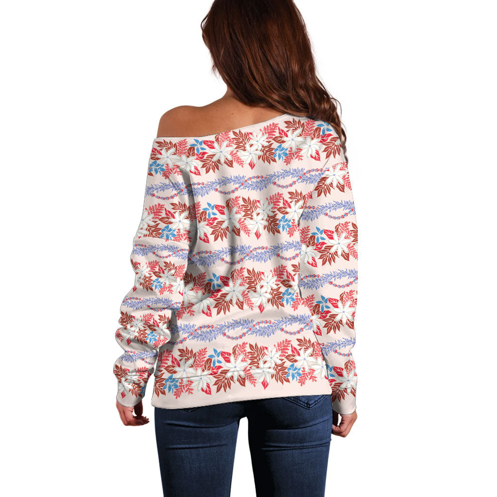 Monstera Tiare Plumeria Lei Pattern Off Shoulder Sweater Red Version LT01 - Polynesian Pride