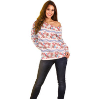 Monstera Tiare Plumeria Lei Pattern Off Shoulder Sweater Red Version LT01 - Polynesian Pride
