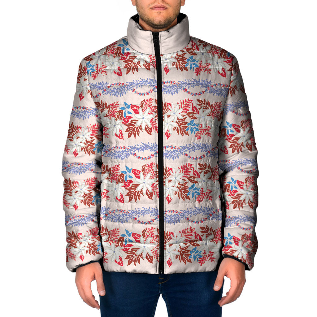 Monstera Tiare Plumeria Lei Pattern Padded Jacket Red Version LT01 Men Red - Polynesian Pride
