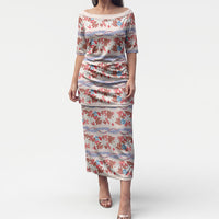 Monstera Tiare Plumeria Lei Pattern Puletasi Red Version LT01 Long Dress Red - Polynesian Pride