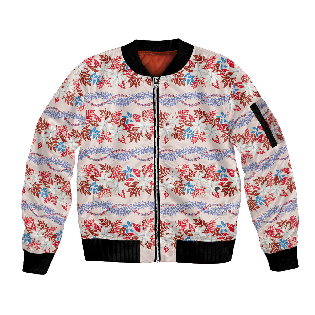 Monstera Tiare Plumeria Lei Pattern Sleeve Zip Bomber Jacket Red Version LT01 Unisex Red - Polynesian Pride