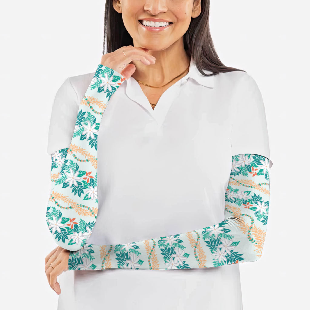 Monstera Tiare Plumeria Lei Pattern Arm Sleeves Teal Version LT01 - Polynesian Pride