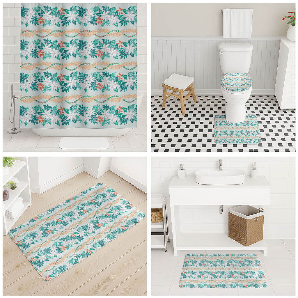 Monstera Tiare Plumeria Lei Pattern Bathroom Set Teal Version LT01 - Polynesian Pride