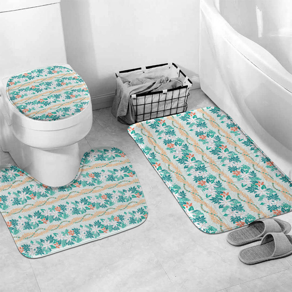 Monstera Tiare Plumeria Lei Pattern Bathroom Set Teal Version LT01 Mat Set Only (3 pcs) One Size Teal - Polynesian Pride