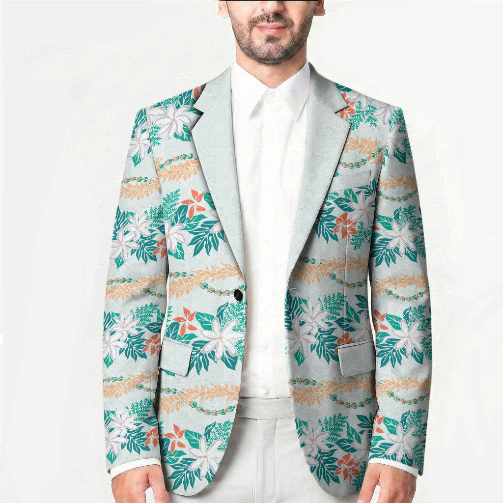Monstera Tiare Plumeria Lei Pattern Blazer Teal Version LT01 - Polynesian Pride