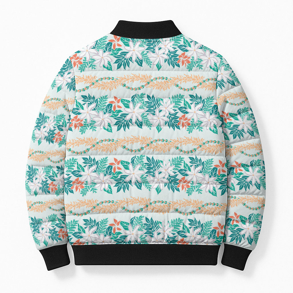 Monstera Tiare Plumeria Lei Pattern Bomber Puffer Jacket Teal Version LT01 - Polynesian Pride