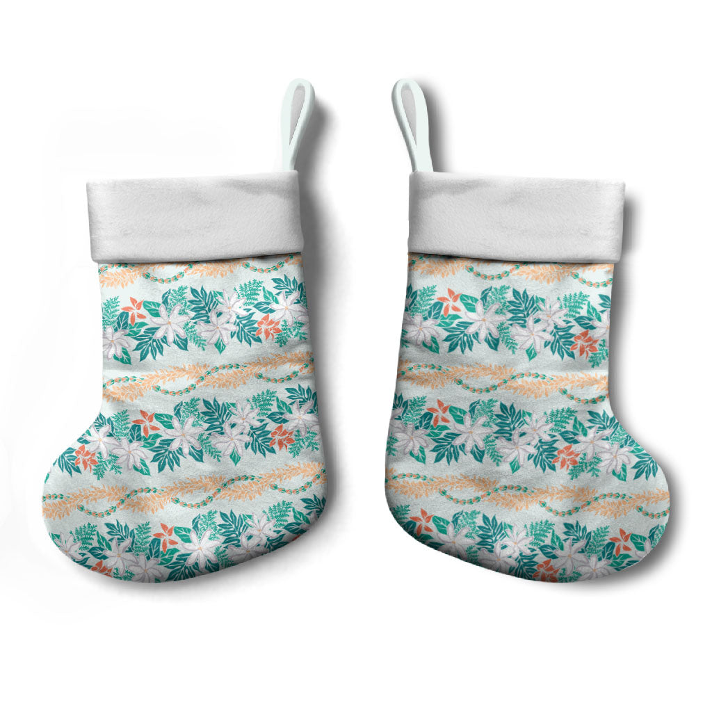 Monstera Tiare Plumeria Lei Pattern Christmas Stocking Teal Version LT01 - Polynesian Pride