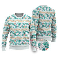 Monstera Tiare Plumeria Lei Pattern Ugly Christmas Sweater Teal Version LT01 Teal - Polynesian Pride