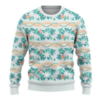 Monstera Tiare Plumeria Lei Pattern Ugly Christmas Sweater Teal Version LT01 - Polynesian Pride
