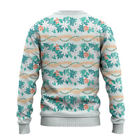 Monstera Tiare Plumeria Lei Pattern Ugly Christmas Sweater Teal Version LT01 - Polynesian Pride