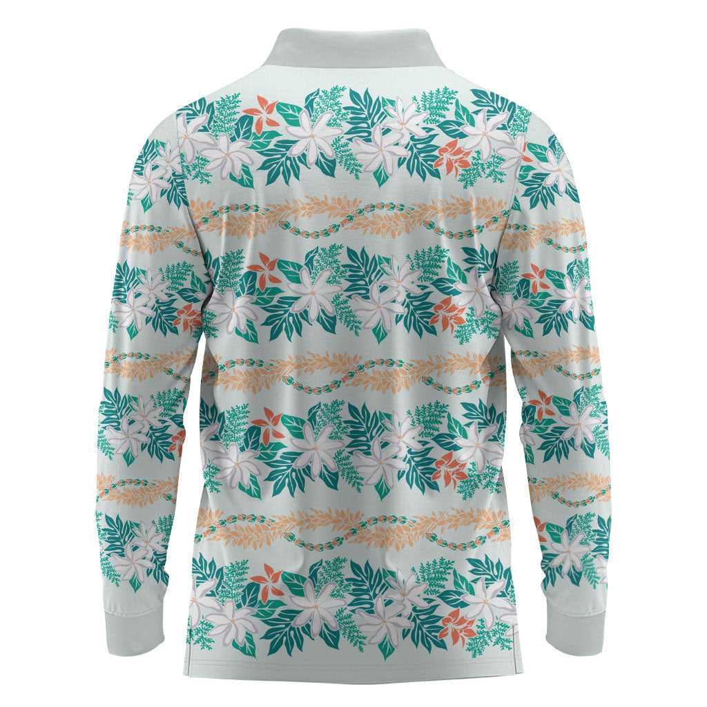 Monstera Tiare Plumeria Lei Pattern Long Sleeve Polo Shirt Teal Version LT01 - Polynesian Pride