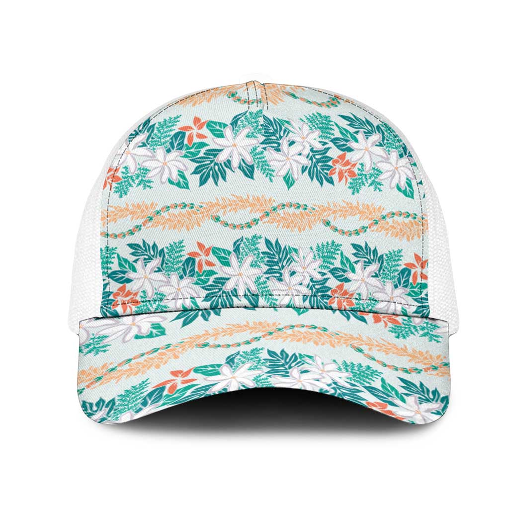 Monstera Tiare Plumeria Lei Pattern Mesh Trucker Cap Teal Version