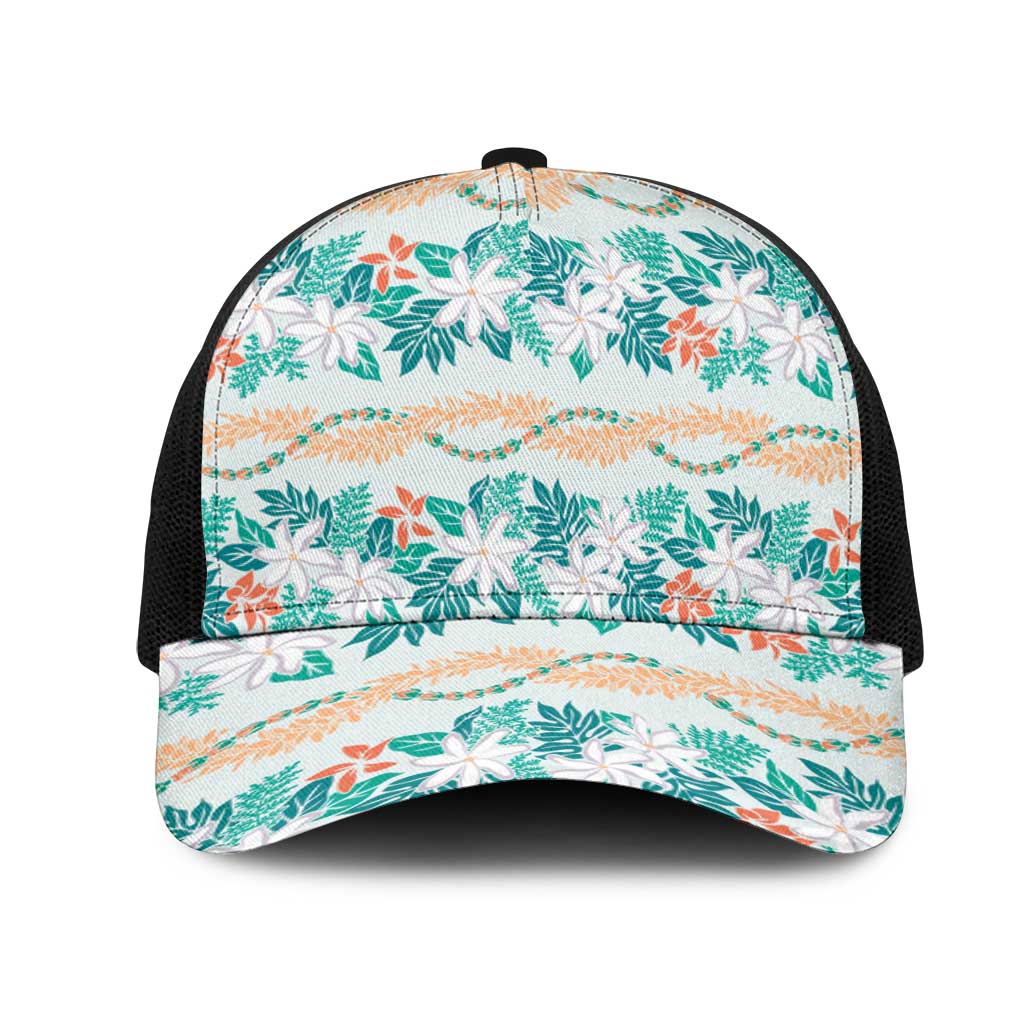 Monstera Tiare Plumeria Lei Pattern Mesh Trucker Cap Teal Version