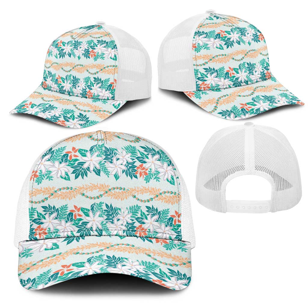 Monstera Tiare Plumeria Lei Pattern Mesh Trucker Cap Teal Version