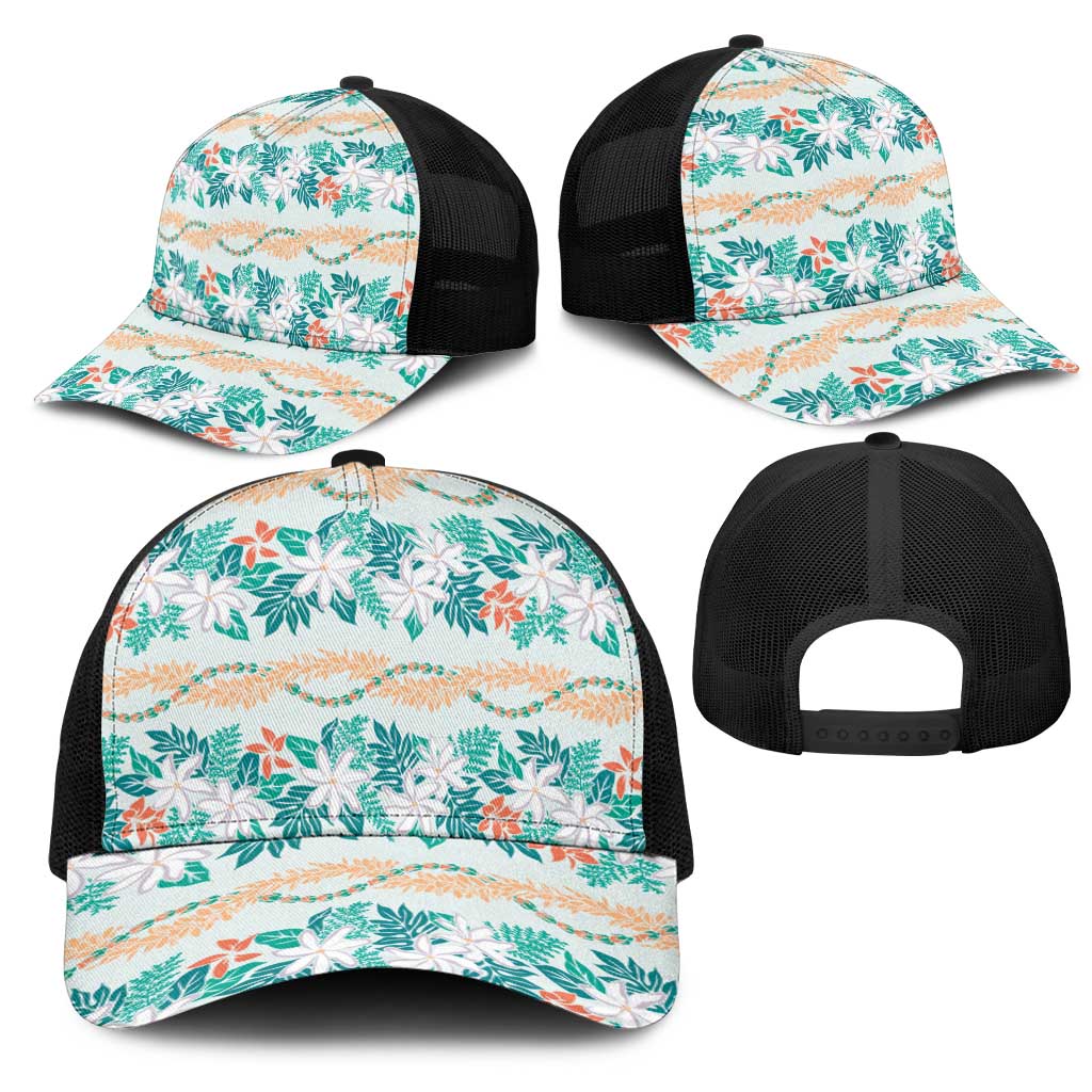 Monstera Tiare Plumeria Lei Pattern Mesh Trucker Cap Teal Version