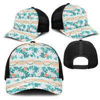 Monstera Tiare Plumeria Lei Pattern Mesh Trucker Cap Teal Version