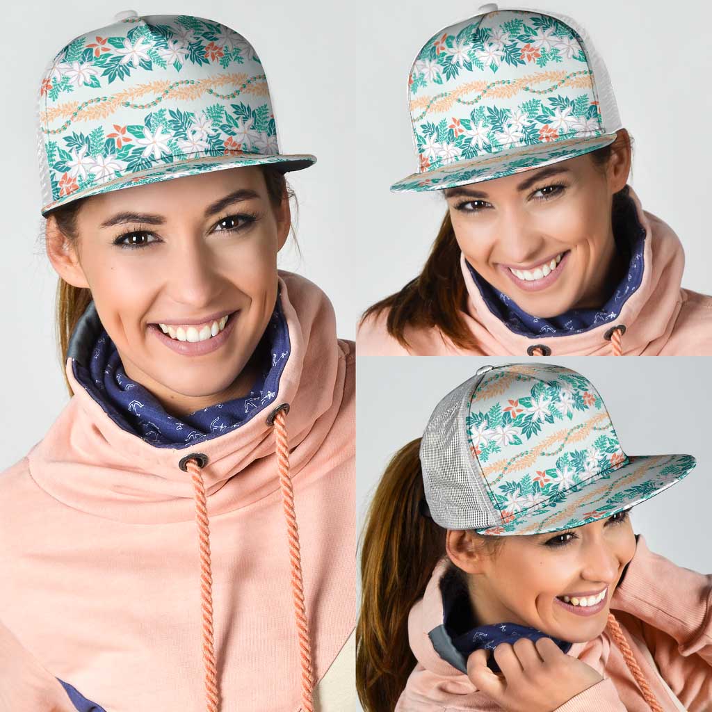 Monstera Tiare Plumeria Lei Pattern Mesh Trucker Cap Teal Version