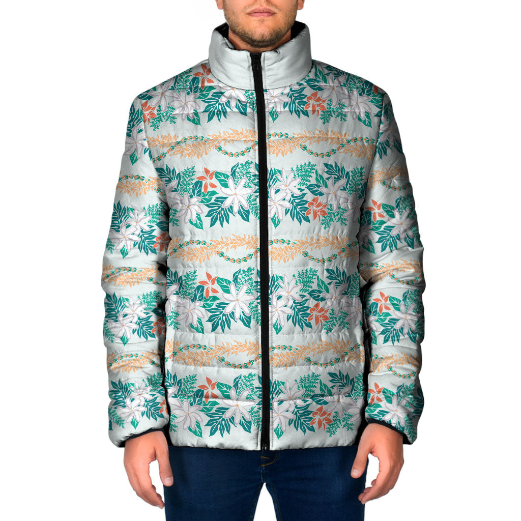 Monstera Tiare Plumeria Lei Pattern Padded Jacket Teal Version LT01 Men Teal - Polynesian Pride
