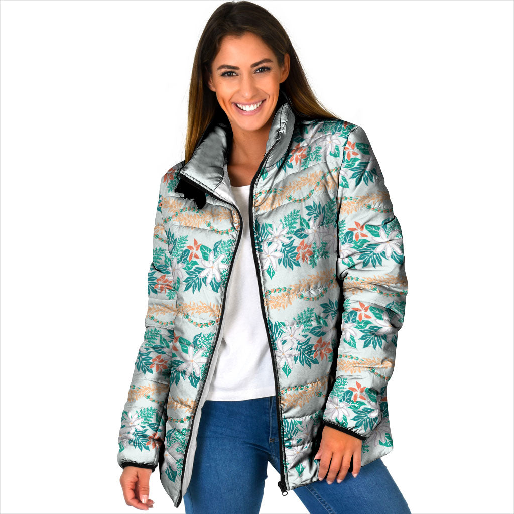 Monstera Tiare Plumeria Lei Pattern Padded Jacket Teal Version LT01 Women Teal - Polynesian Pride
