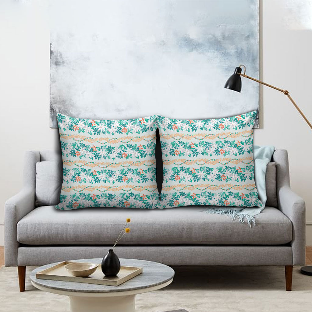Monstera Tiare Plumeria Lei Pattern Pillow Cover Teal Version LT01 - Polynesian Pride