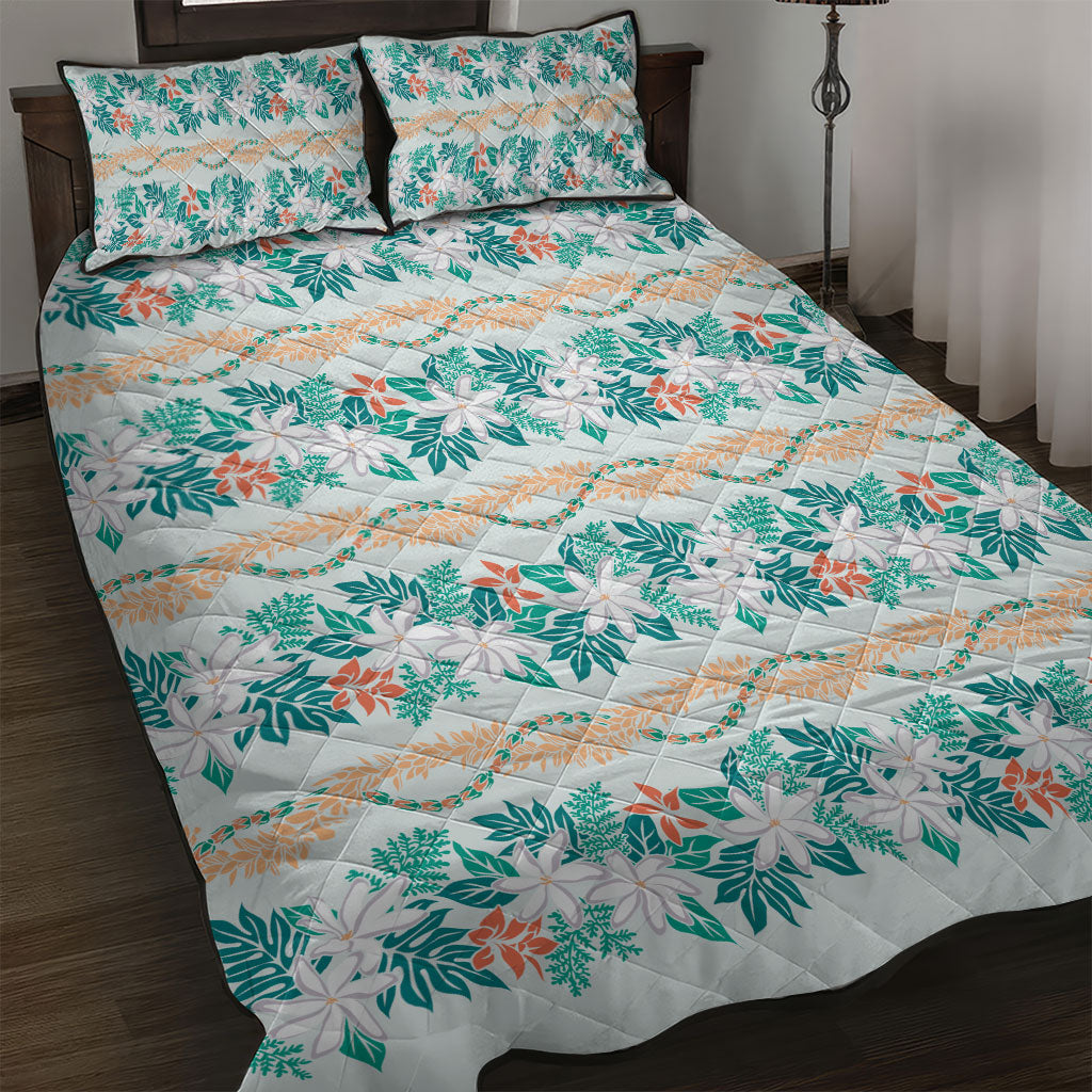 Monstera Tiare Plumeria Lei Pattern Quilt Bed Set Teal Version LT01 Teal - Polynesian Pride