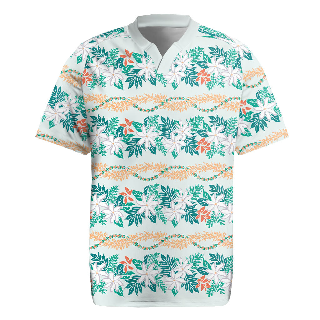 Monstera Tiare Plumeria Lei Pattern Rugby Jersey Teal Version LT01 Teal - Polynesian Pride