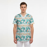 Monstera Tiare Plumeria Lei Pattern Scrub Top Teal Version LT01 - Polynesian Pride