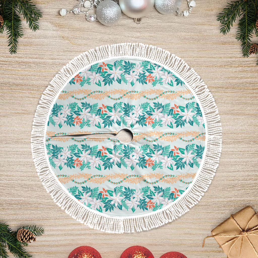 Monstera Tiare Plumeria Lei Pattern Tree Skirt Teal Version LT01 Fringed Teal - Polynesian Pride