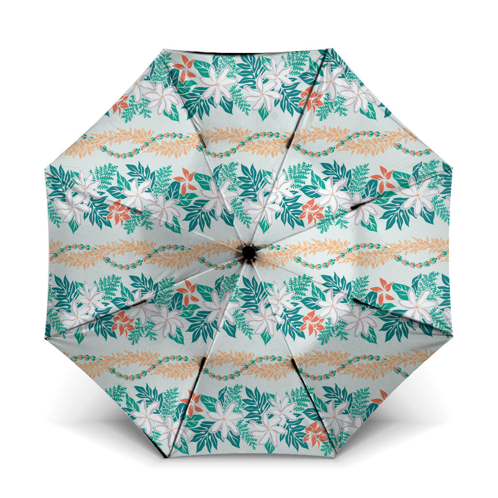 Monstera Tiare Plumeria Lei Pattern Umbrella Teal Version LT01 One Size Folded 11.42 inch Opened Diameter 37.4 inch Teal - Polynesian Pride